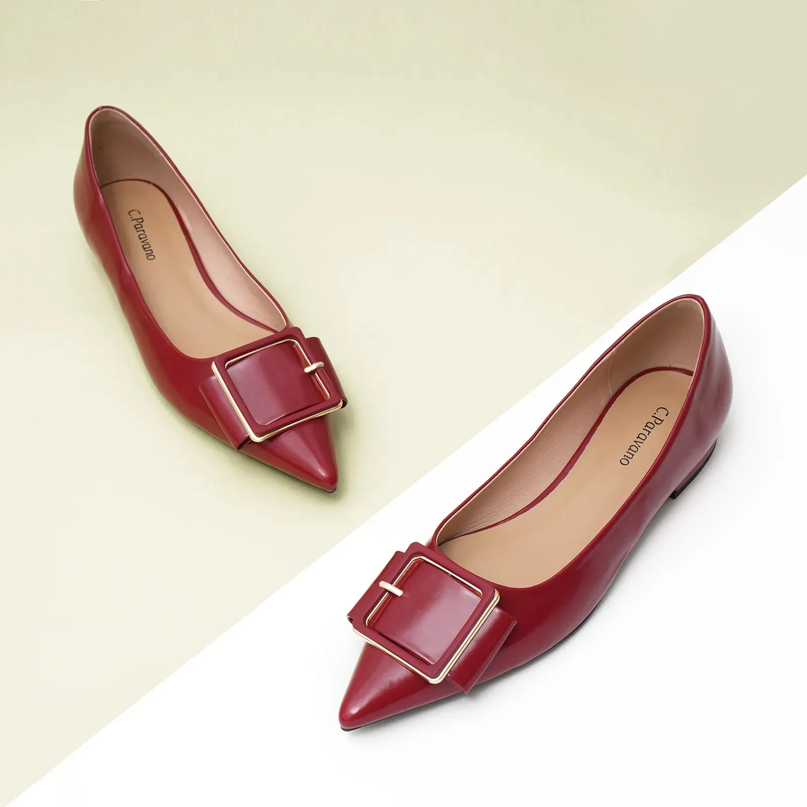 Square Buckle Flats (Aida) Red