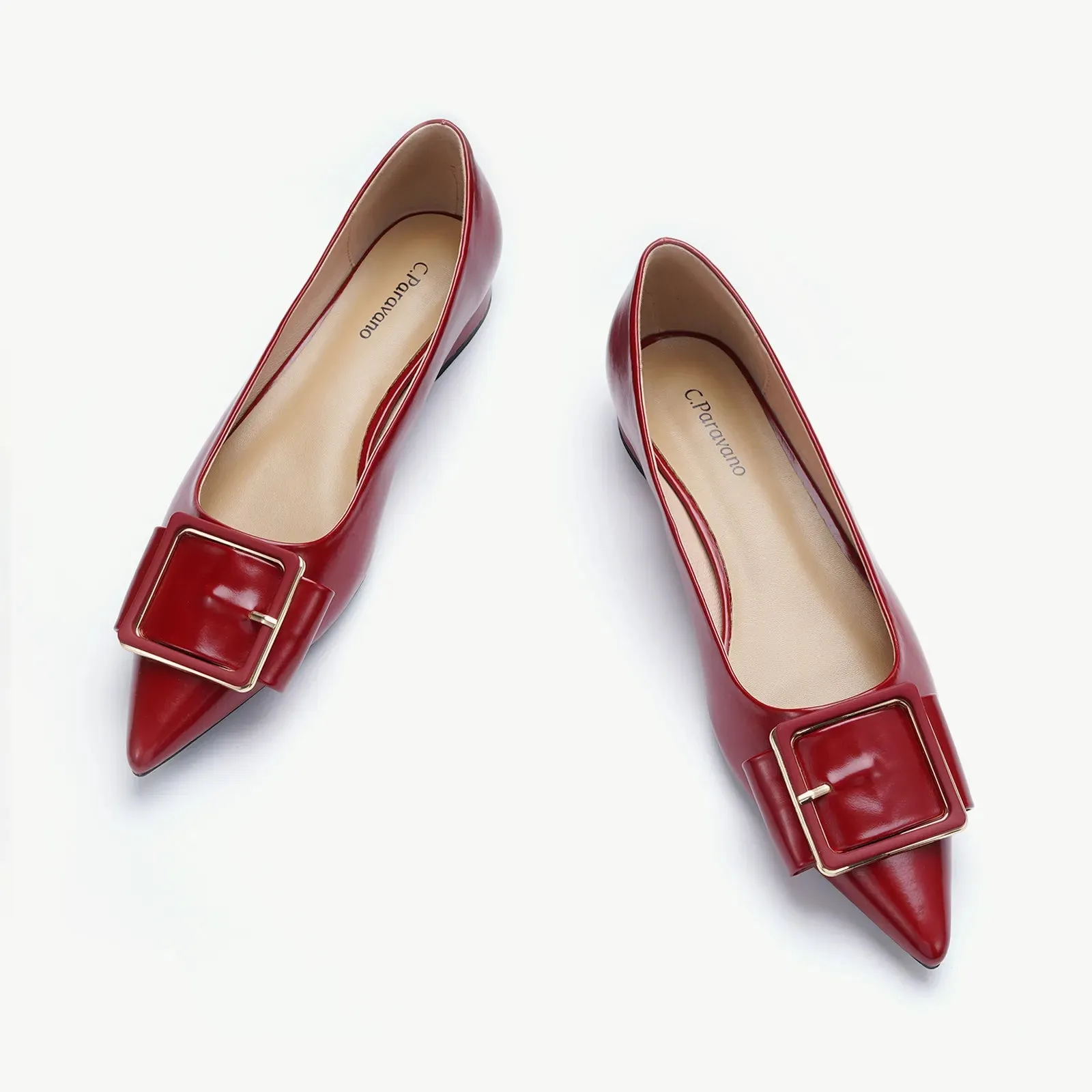 Square Buckle Flats (Aida) Red