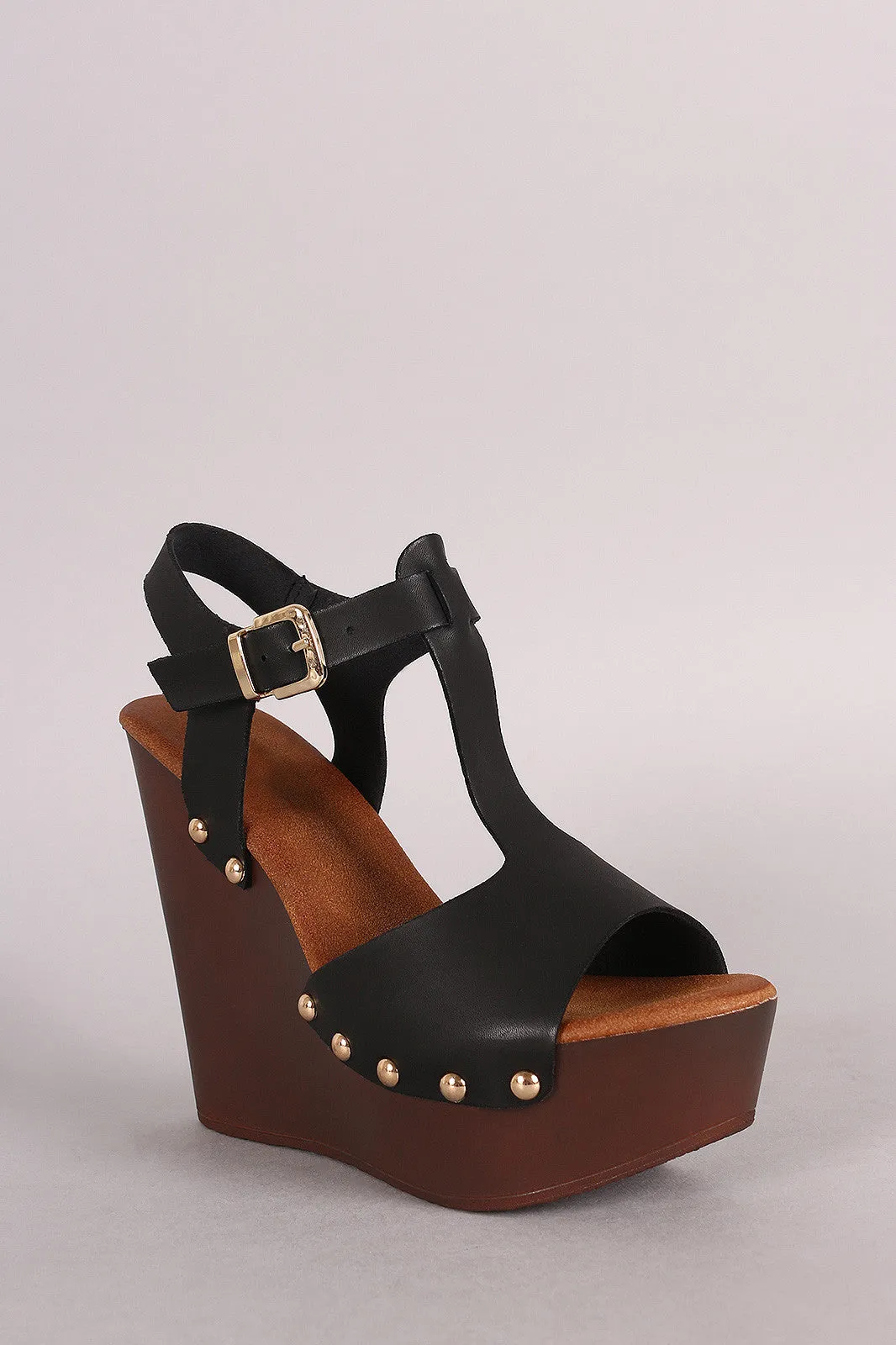 Studded T-Strap Wooden Platform Wedge