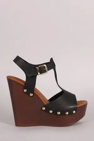 Studded T-Strap Wooden Platform Wedge