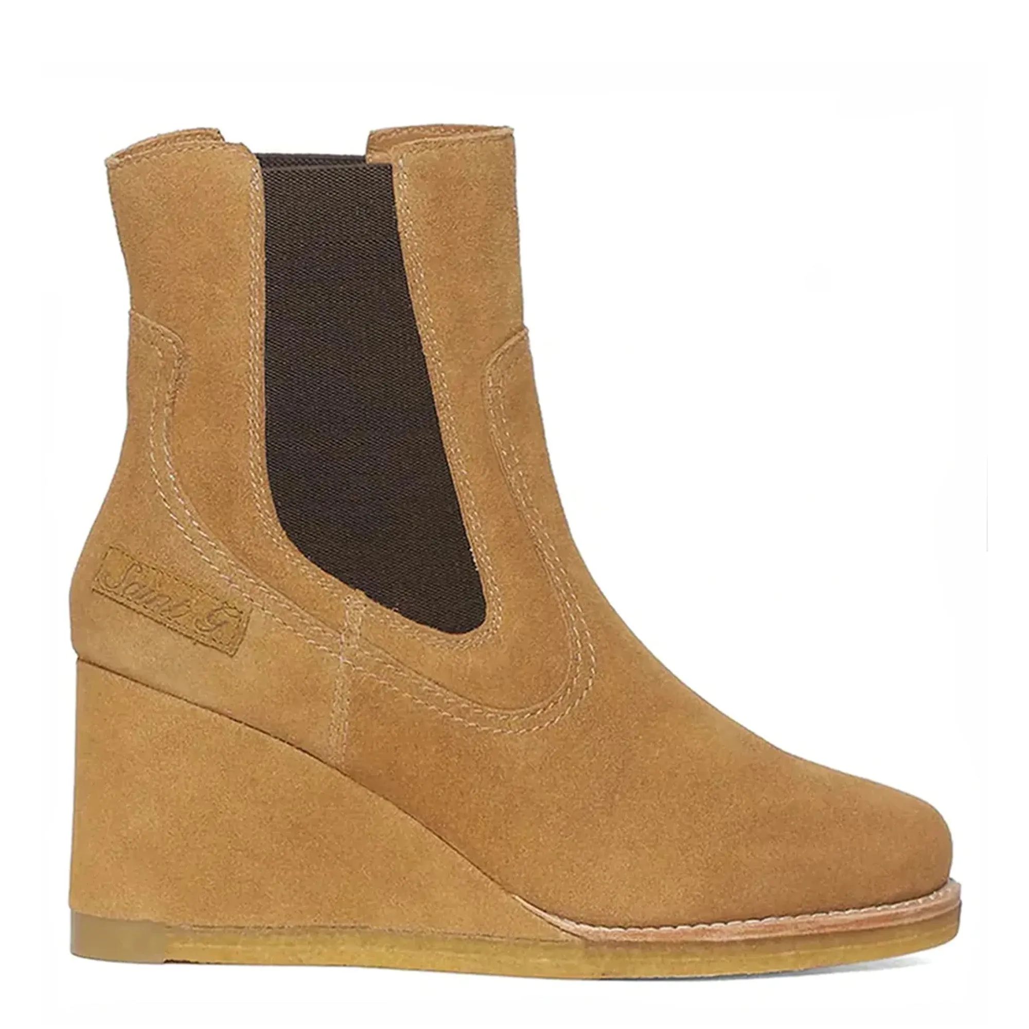 Tesora Tan Suede Leather Mid Heel Wedge Boots.