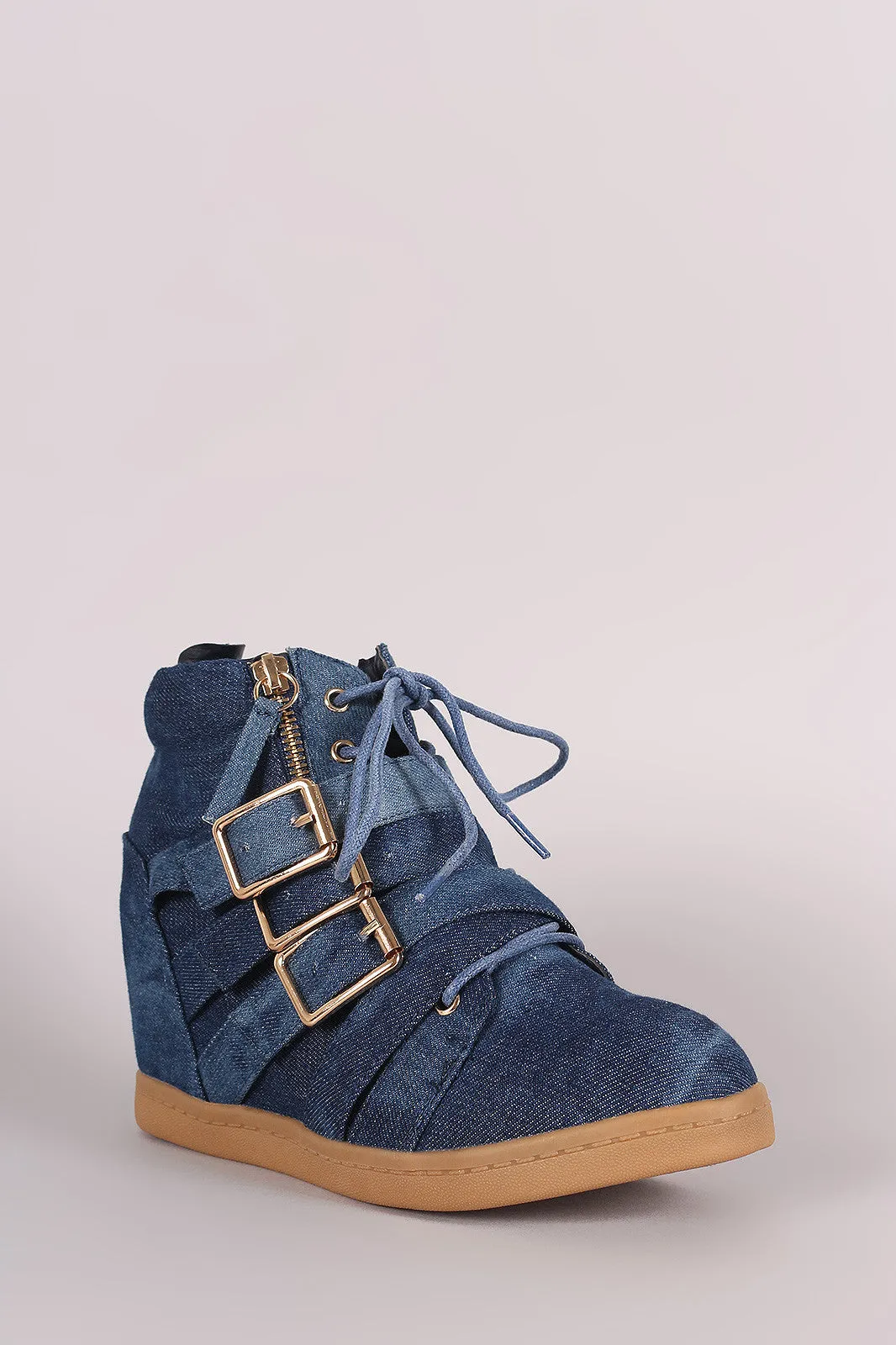 Washed Denim Multi Buckle Strap Lace Up High Top Wedge Sneaker