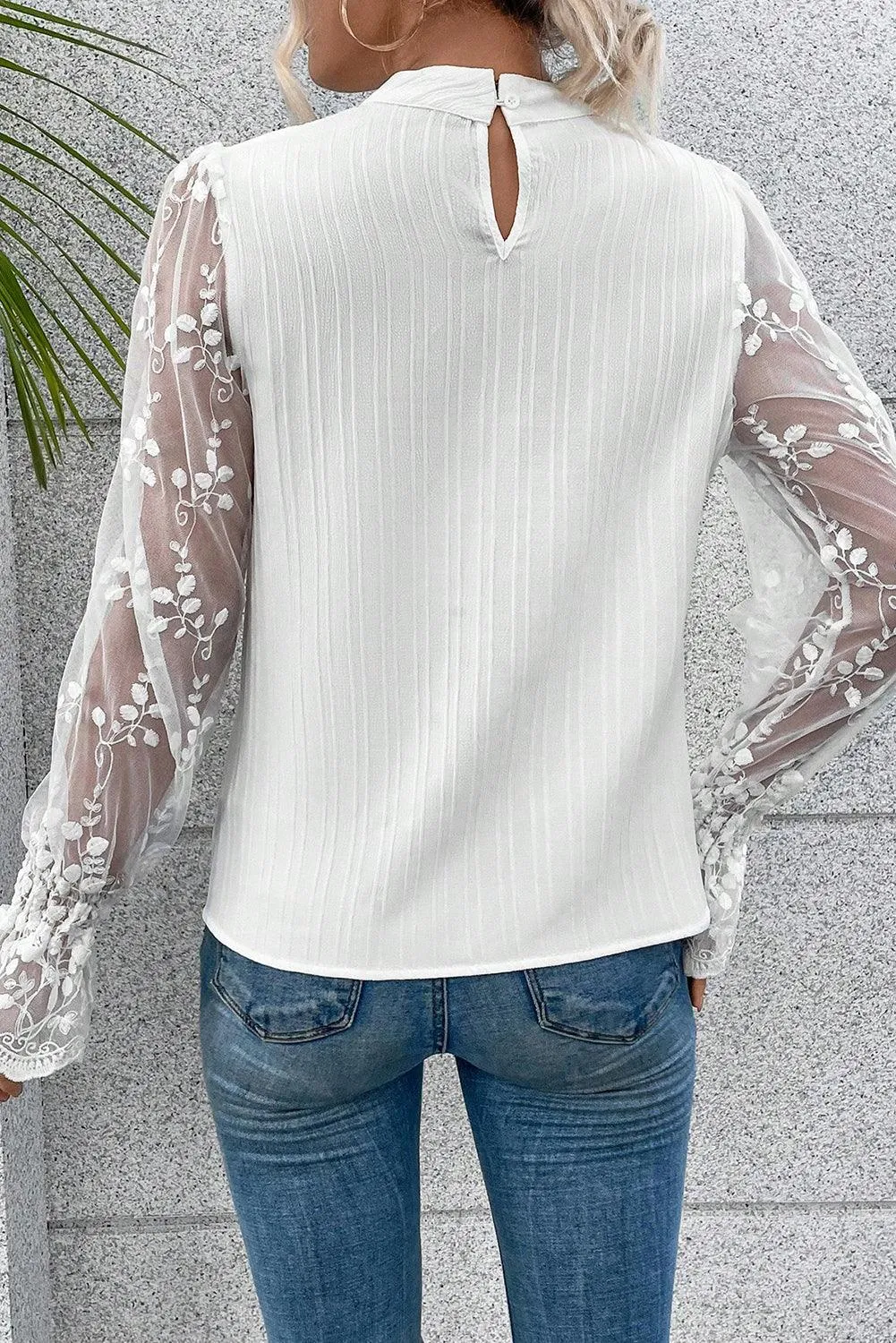 White Contrast Lace Sleeve Mock Neck Textured Blouse for Women