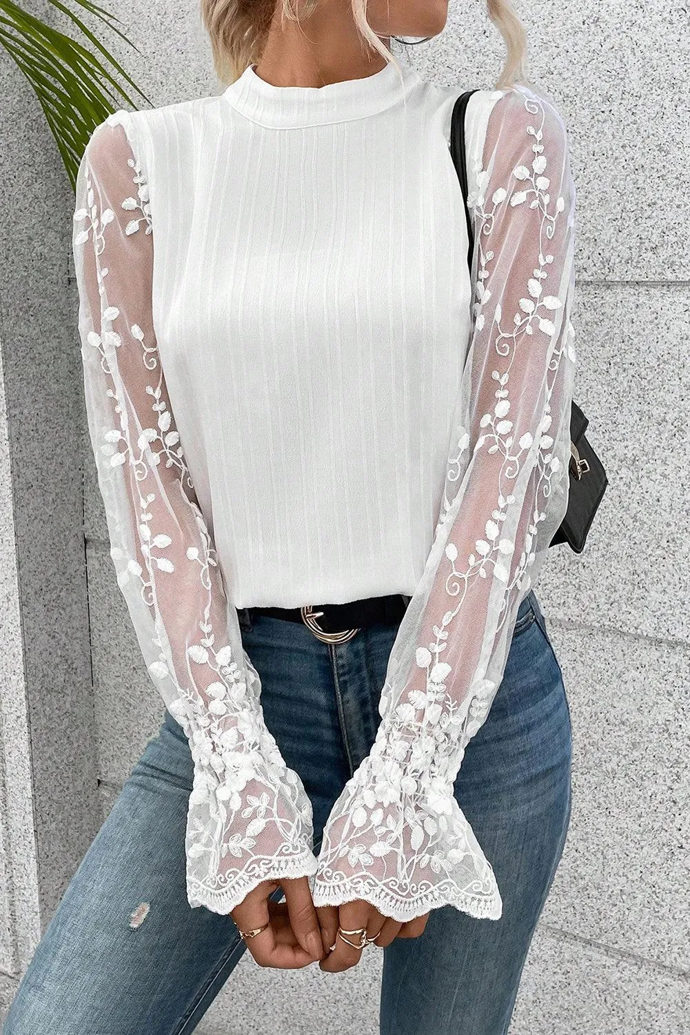 White Contrast Lace Sleeve Mock Neck Textured Blouse for Women