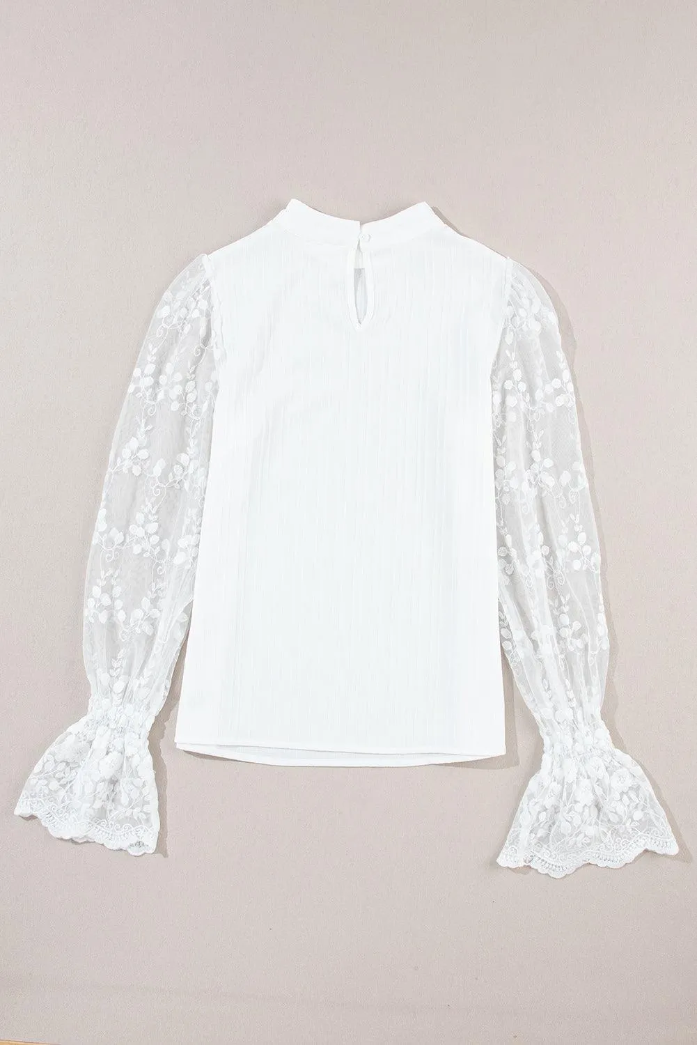 White Contrast Lace Sleeve Mock Neck Textured Blouse for Women