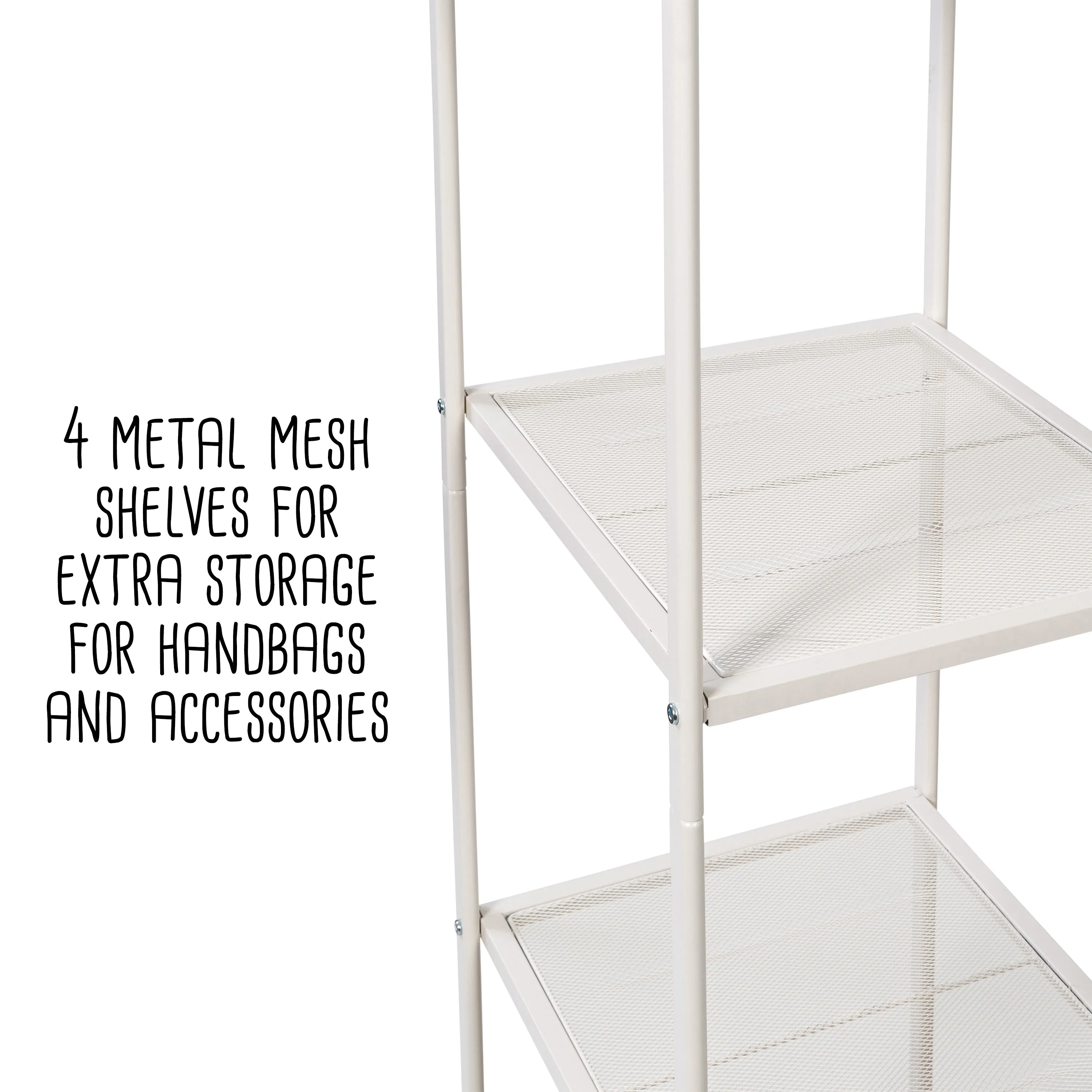 White/Ash Freestanding Metal Clothing Rack with 4 Shelves