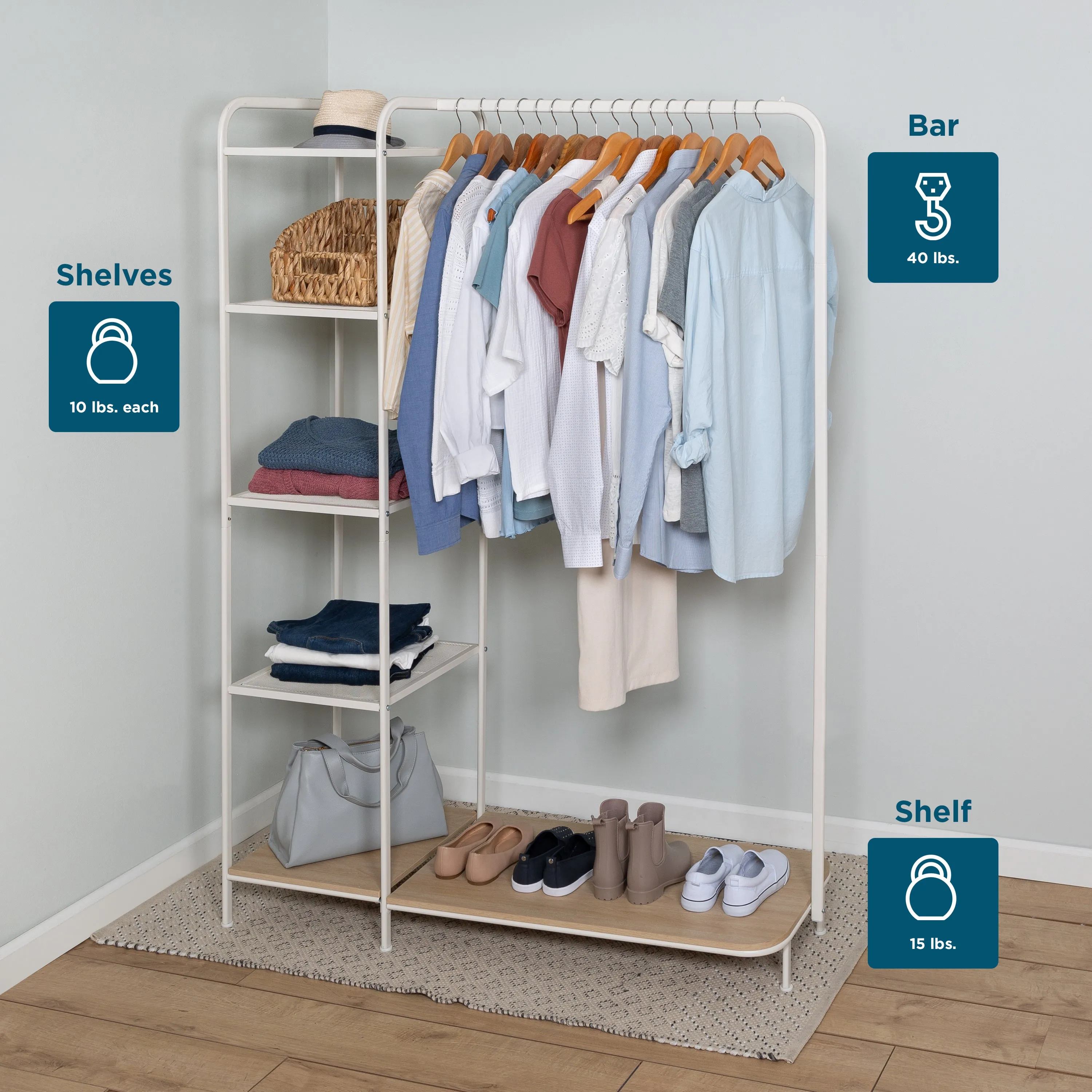 White/Ash Freestanding Metal Clothing Rack with 4 Shelves