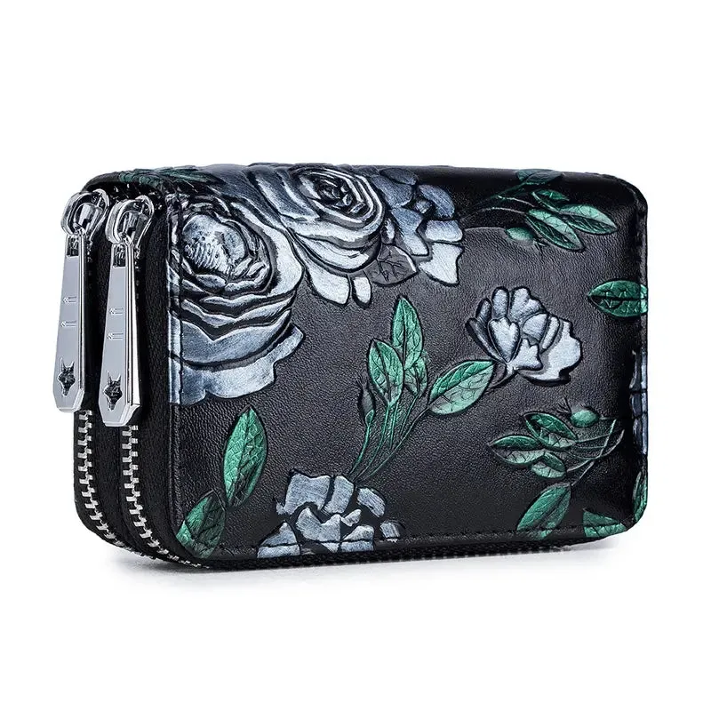 Women's Floral Faux Leather Double Zipper Card Holder and Coin Purse