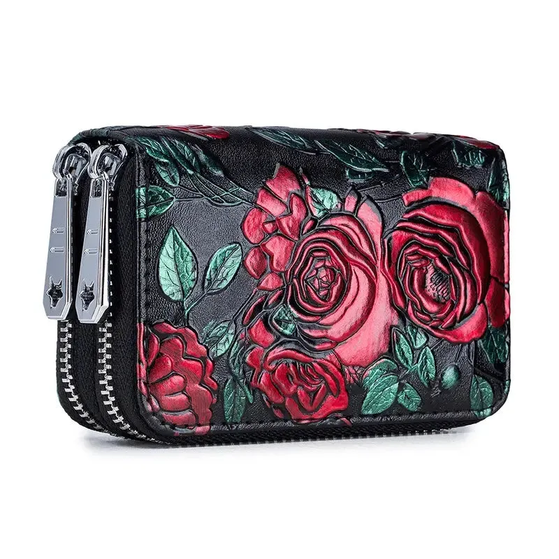 Women's Floral Faux Leather Double Zipper Card Holder and Coin Purse